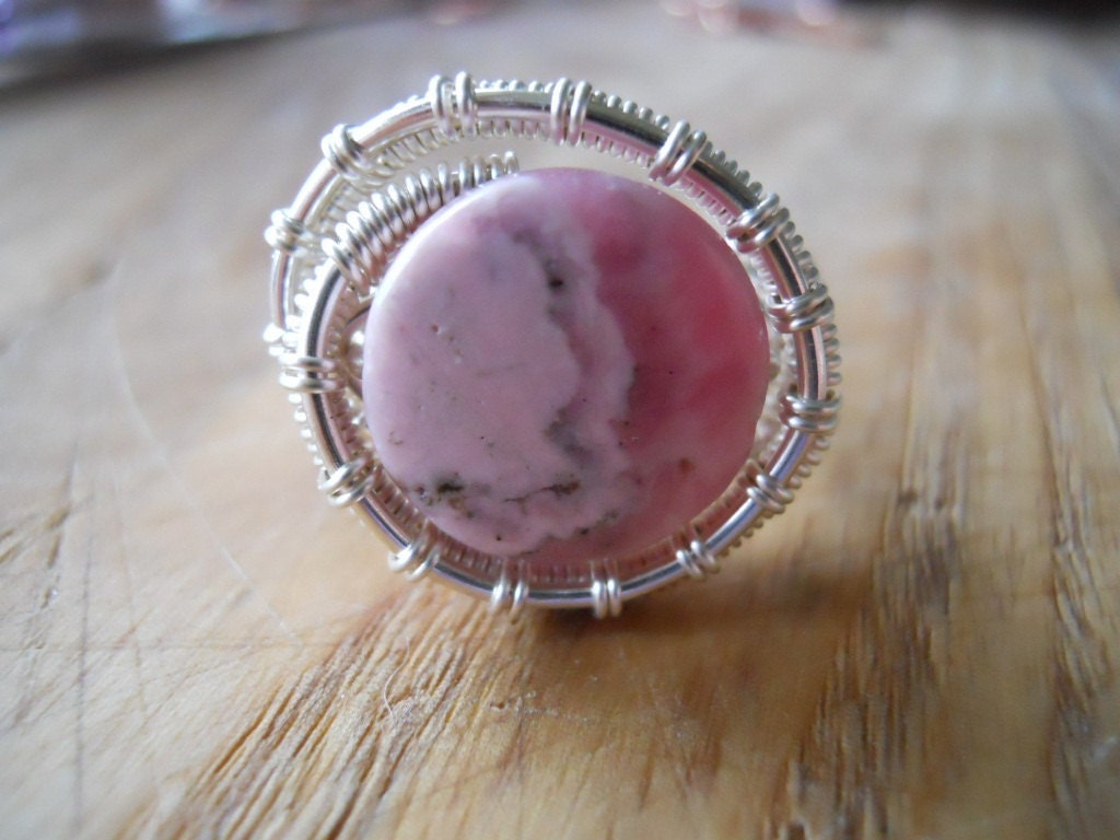 Pink Rhodochrosite Ring Wire Wrapped in Silver Parawire Size 7 1/2