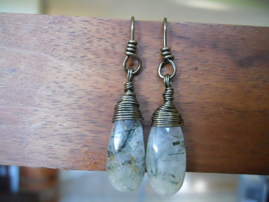 Tourmalinated Pendant and Earrings Handcrafted Quartz Drops Wire Wrapped in Gunmetal Parawire Free Shipping