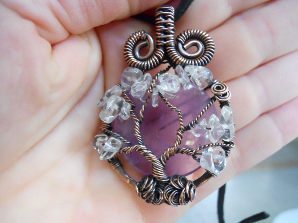 Tree of Life Pendant Amethyst Clear Quartz Wrapped in Hammered Oxidized Copper Wire
