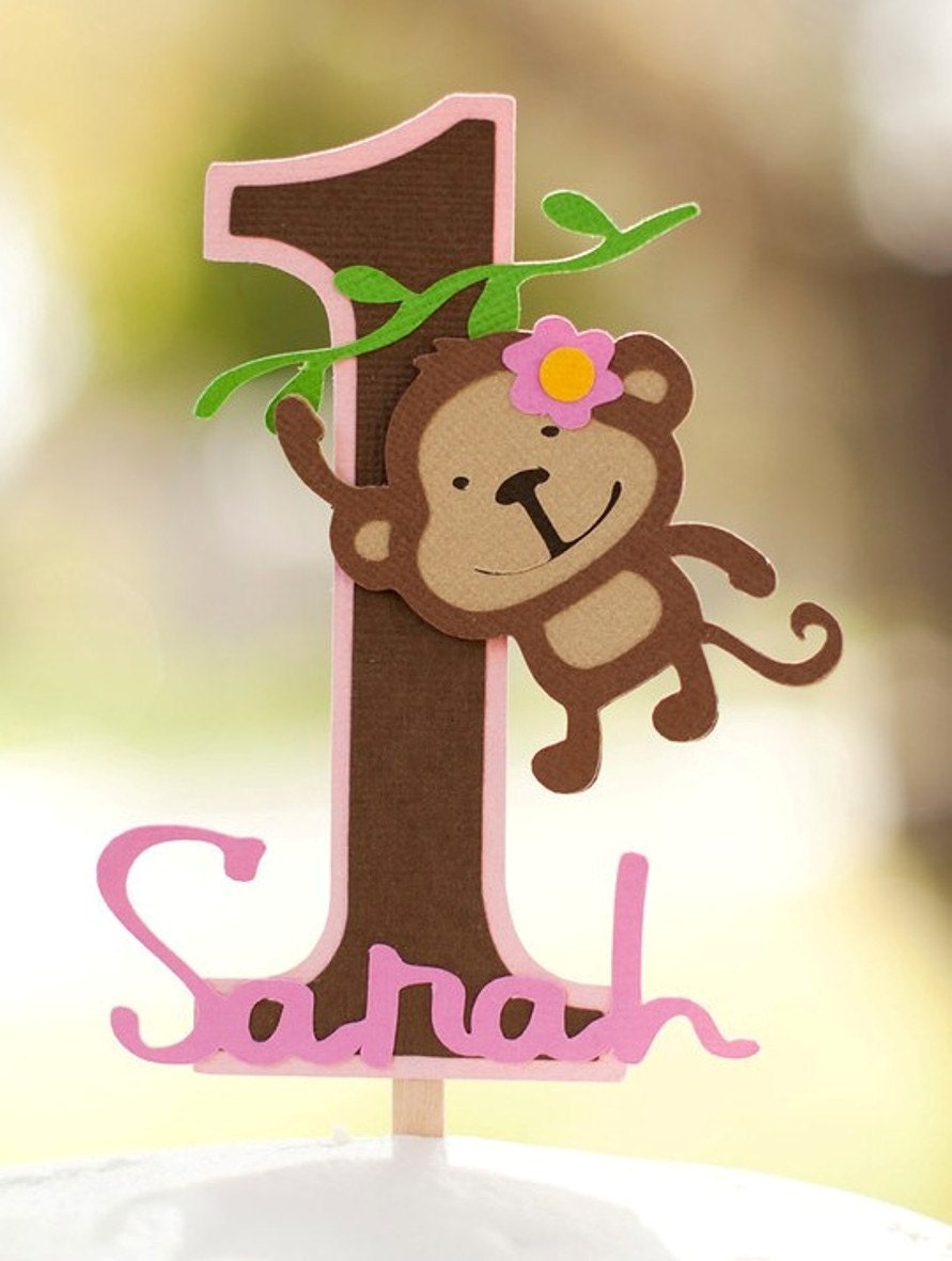 Mod Monkey Jungle Theme Personalized smash Cake Topper Pink and Green