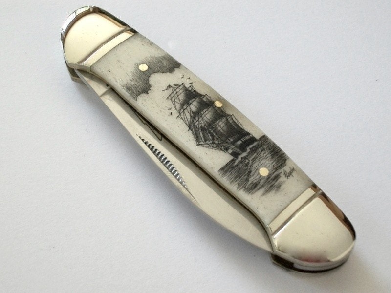 Scrimshaw Pocket Knife with Ship