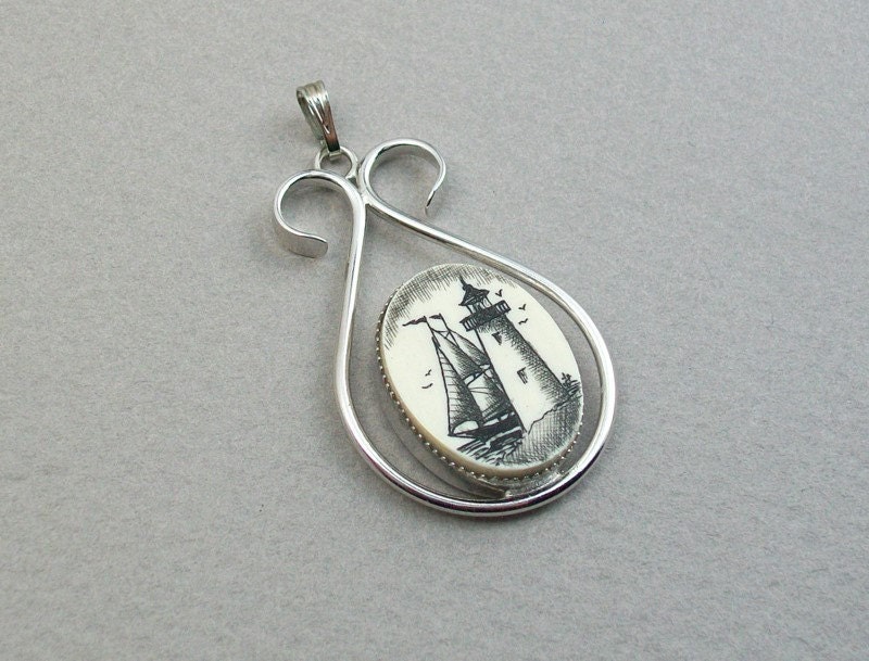 Sterling Silver Scrimshaw  Lyre Pendant with Lighthouse and Schooner on Ivory