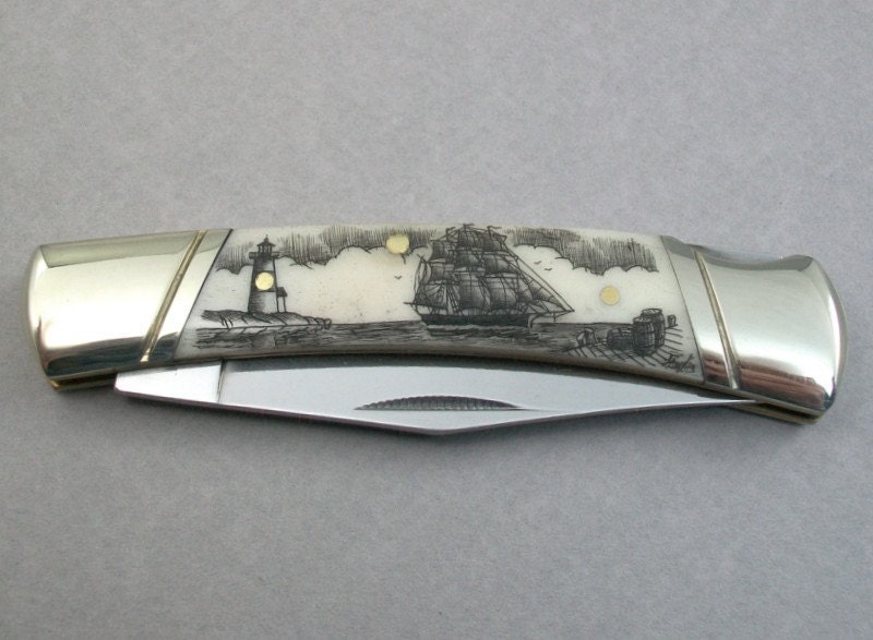Scrimshaw Lockback Knife with Lighthouse, Ship and Dock