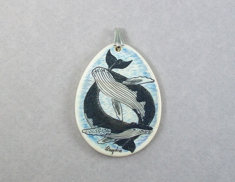 Dancing Whales Ivory Scrimshaw Pendant