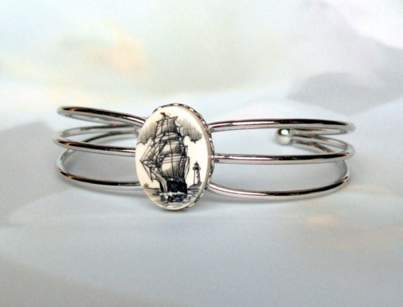 Scrimshaw Bracelet with Ship and Lighthouse on ivory