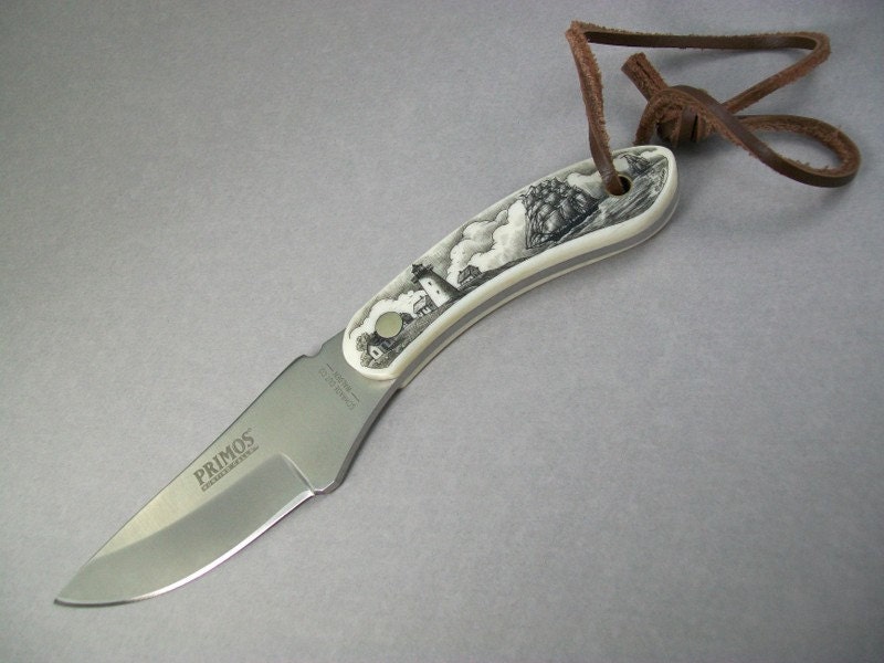 Scrimshaw fixed blade knife and leather sheath,sharpening rods, Nautical, seashore village, lighthouse and ships