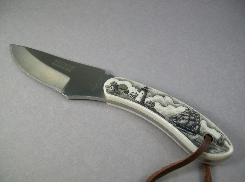 Scrimshaw fixed blade knife and leather sheath,sharpening rods, Nautical, seashore village, lighthouse and ships