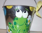 Cute Frog bucket perfect for  teachers classroom or childs room hand painted and personalized