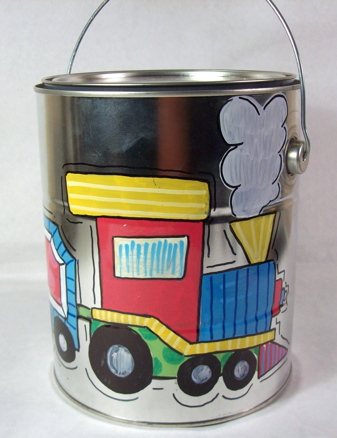 Hand painted personalized galvanized bucket with funky bright trains perfect for any room