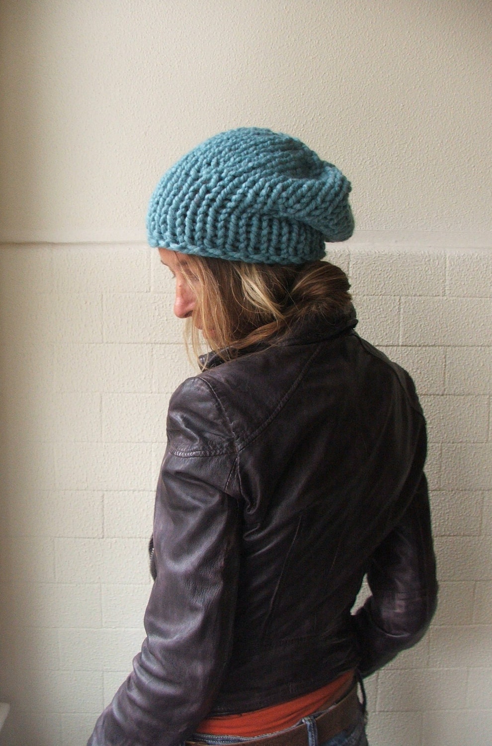 pale bue hat / light dusky turquoise blue chunkier hand knit hat, vegan friendly