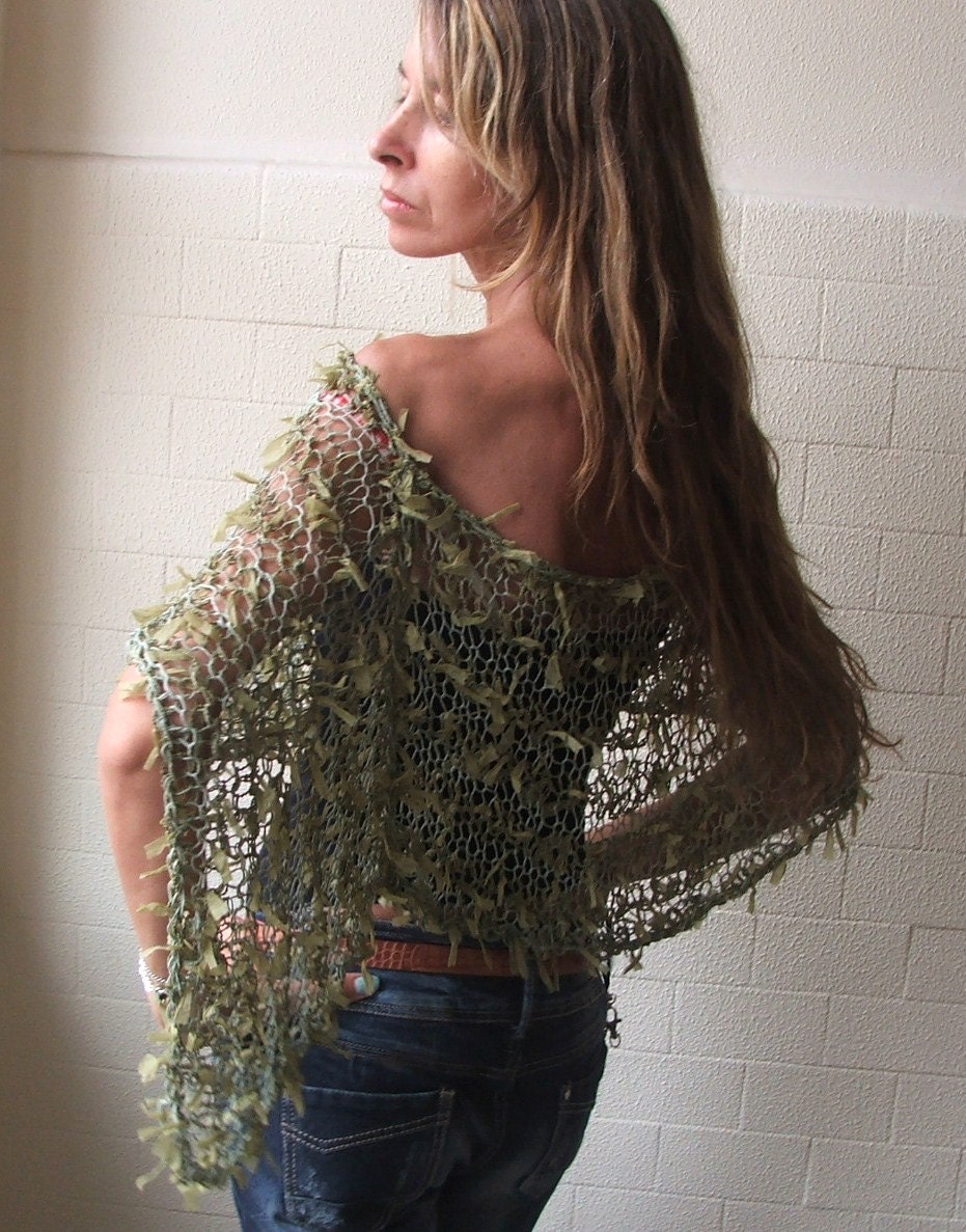 Green Poncho / Apple Green Ribbon Poncho Cape