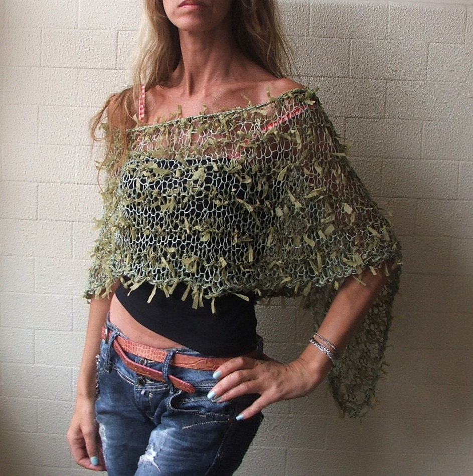 Green Poncho / Apple Green Ribbon Poncho Cape