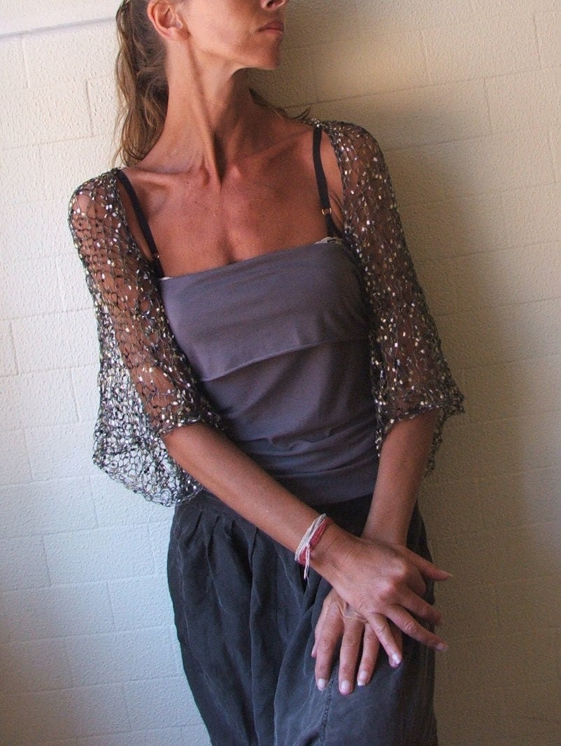 Black shrug with Gold and Silver, firefly loose weave evening shrug