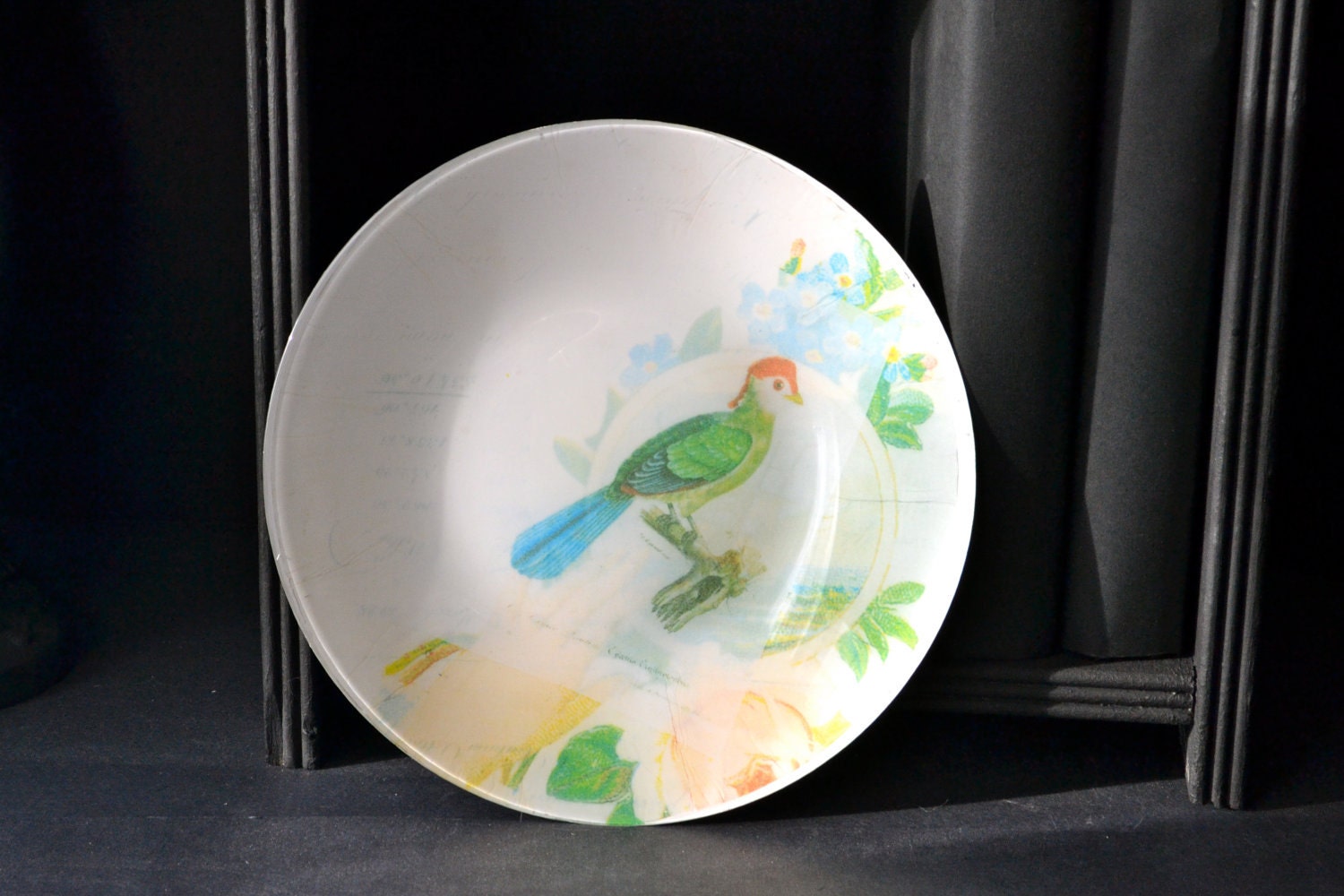Victorian Scrap Bird Decoupage Plate - cream white bright blue green red peach - InsituDecorativeArts