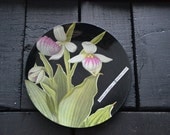 Mid Century Blackboard Botanical Glass Tray - Decoupage Plate - pink green black white