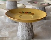 Orphaned Plate Pedestal Mid-Century Golden Yellow Plate - red green floral cement base home decor
