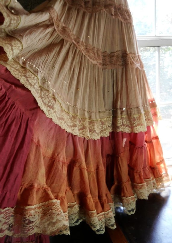 Tea stained dress maxi  crochet rust pink ruffles lace gypsy  prairie small  by vintage opulence on Etsy