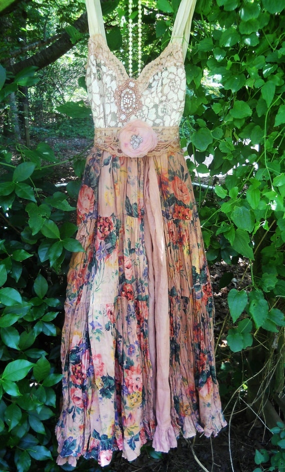 Boho floral dress ruffle cotton tea stained romantic shabby wedding prairie bohemian rose medium by vintage opulence on Etsy