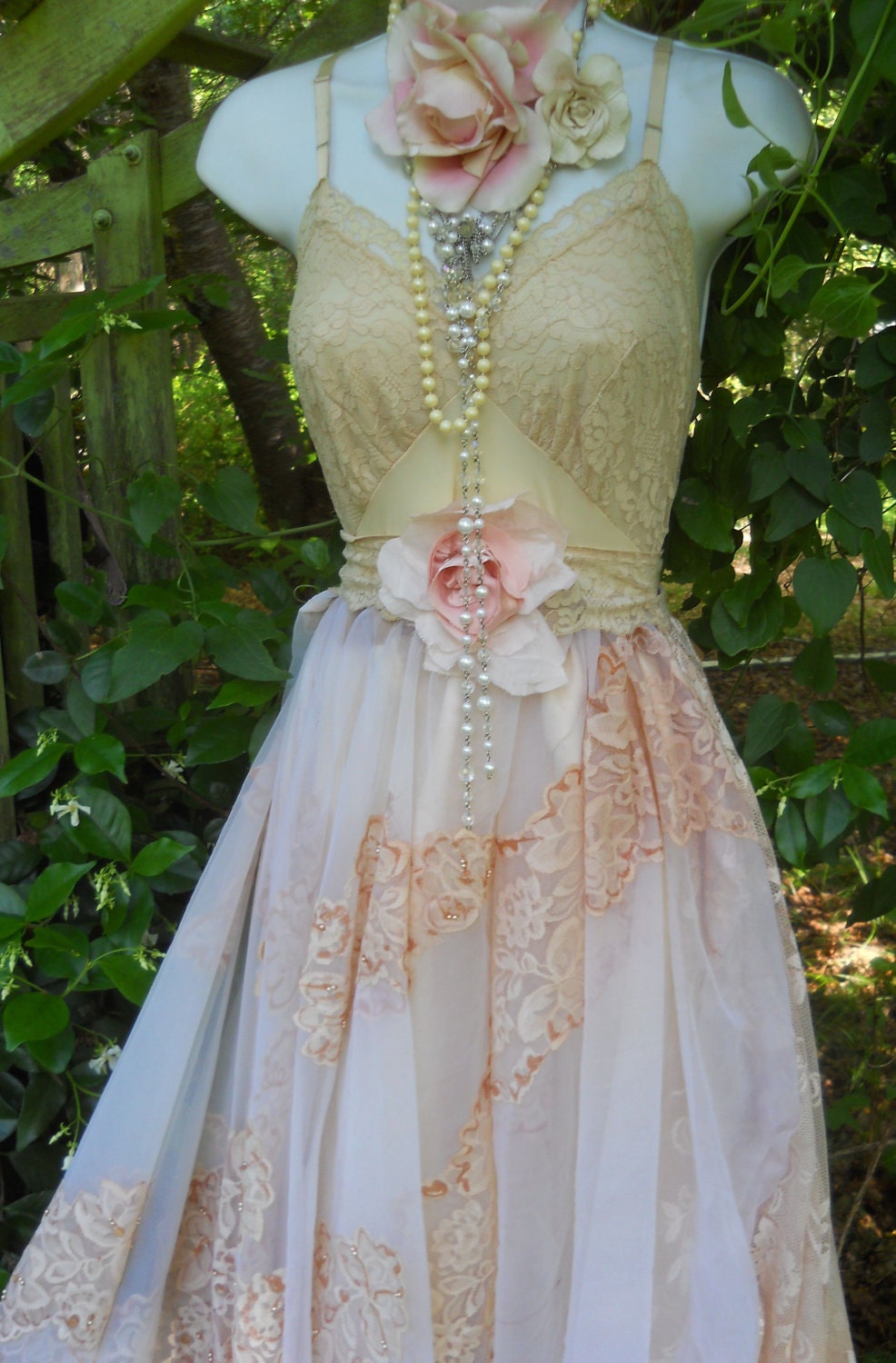 Beaded wedding dress vintage lace tea stained romantic rose medium by vintage opulence on Etsy