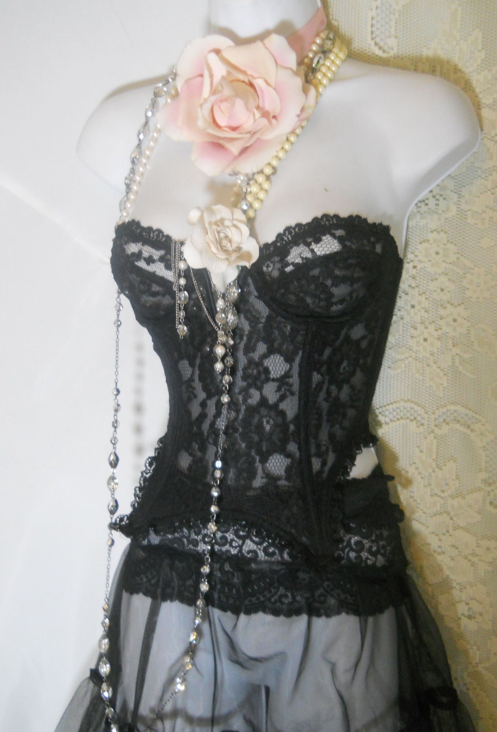 Black vintage bustier boned lace 34 B from vintage opulence on Etsy