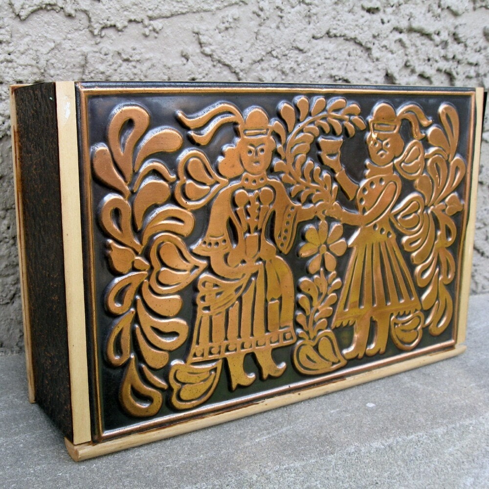 Vintage Keepsake Box in Embossed Metal and Wood from Europe