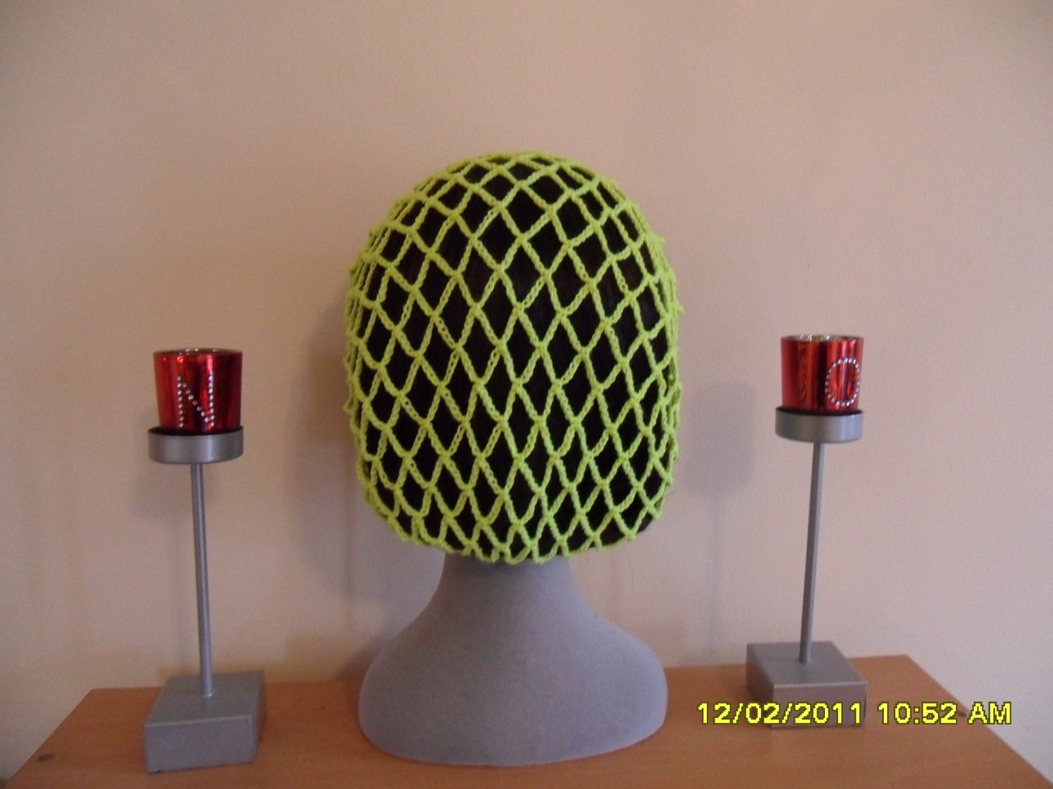 Bright/neon lime green acrylic snood/hairnet crocheted to an original 1940s pattern - 3 sizes available