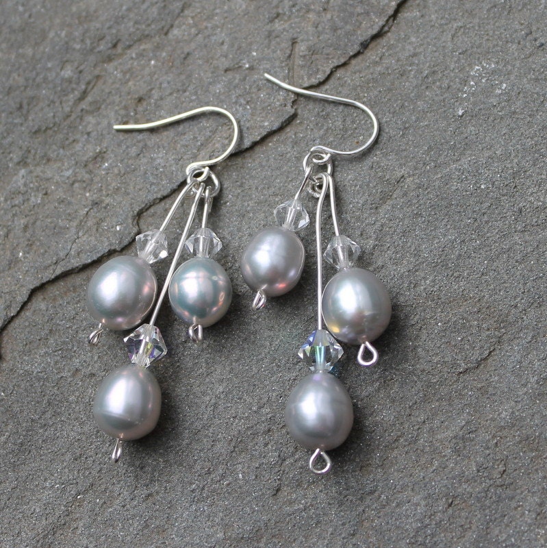Bridesmaid Jewelry, Gray Pearl, Swarovski Crystal, Sterling Silver - RESERVED for Amy