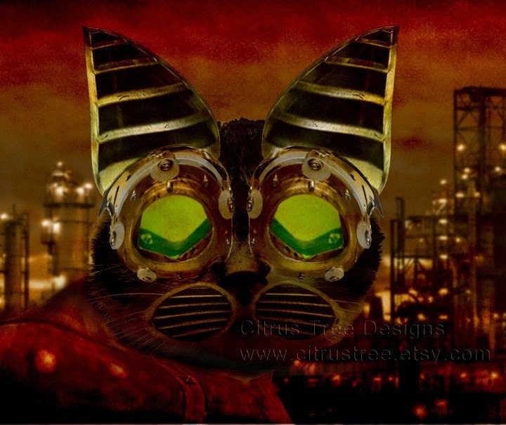 STEAM PUNK CAT- Original Fine Art Photomontage Print Steampunk - Signed and Dated --Buy 2 Get 1 Free
