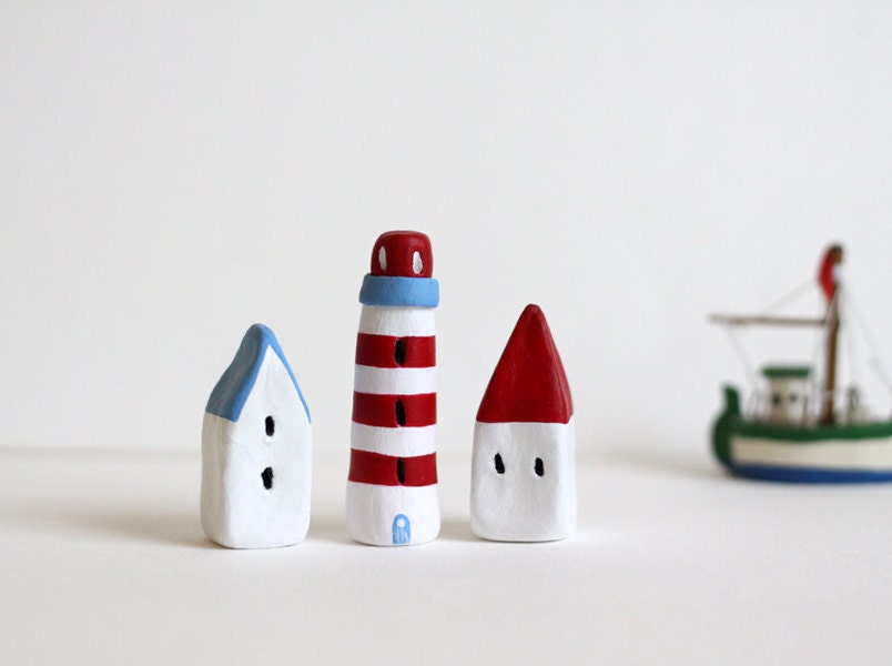 Little Village with Two Houses and a Striped Lighthouse -Blue and Red