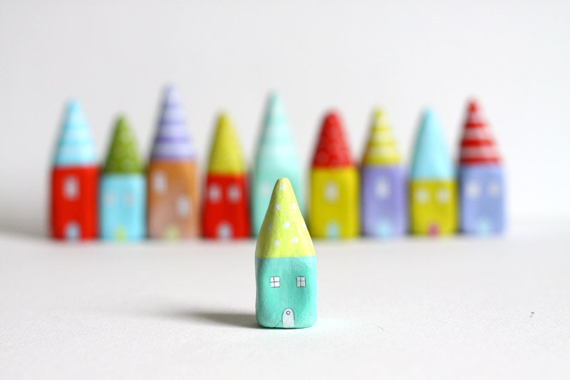 Little Home No 183 - Yellow and mint green with polka dots