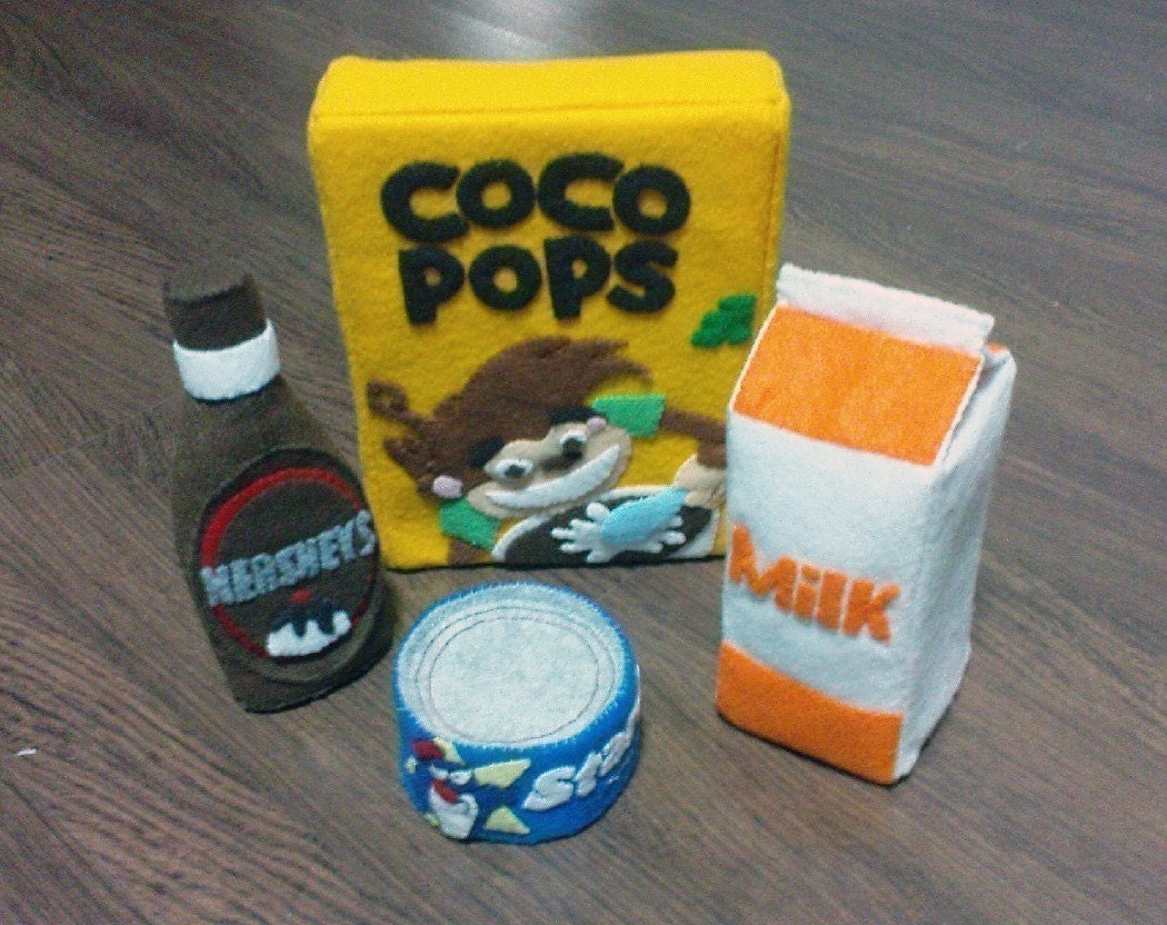 DIY Felt Grocery Set - Cereal, Milk, Can Tuna, Chocolate Syrup and Bag (Patterns and Instructions via Email)