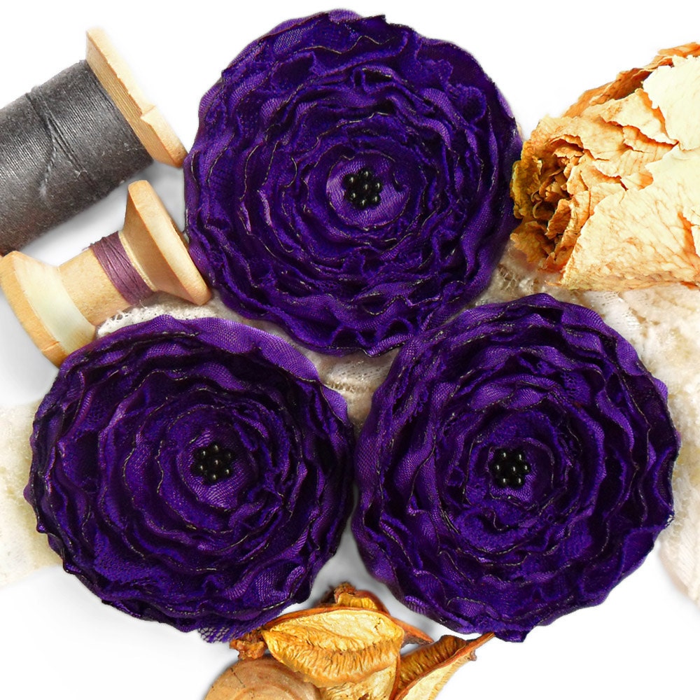 3 Handmade fabric flowers - big dark purple satin and lace appliques