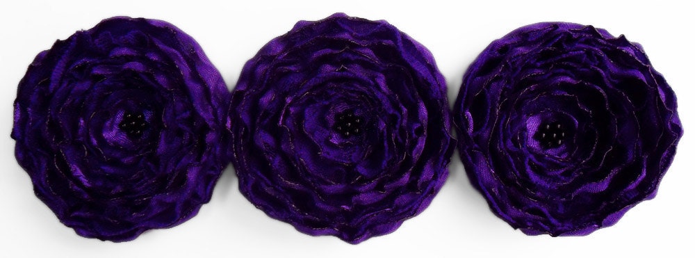 3 Handmade fabric flowers - big dark purple satin and lace appliques
