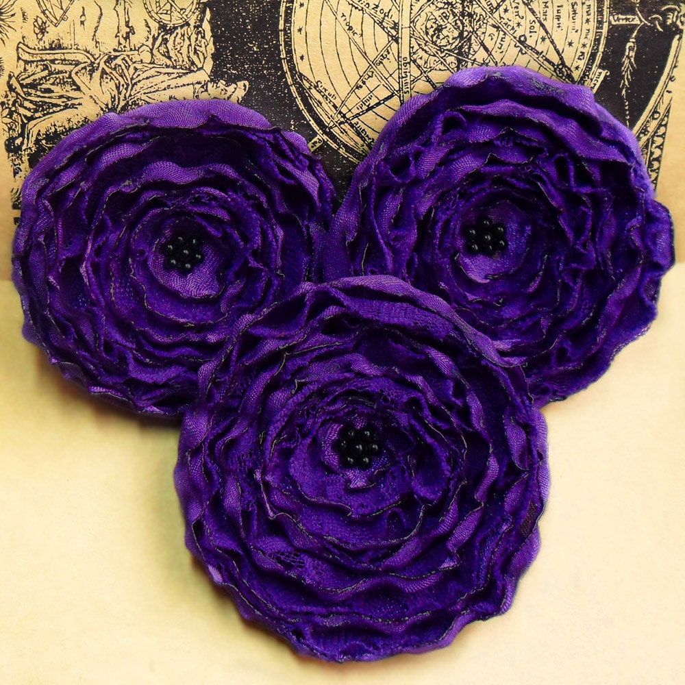 3 Handmade fabric flowers - big dark purple satin and lace appliques