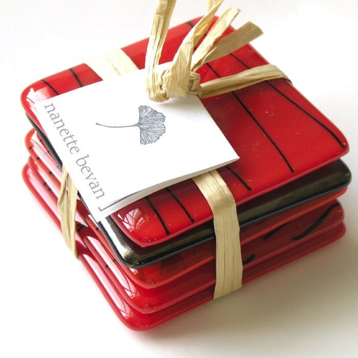Fused Glass Coasters - Red Hot
