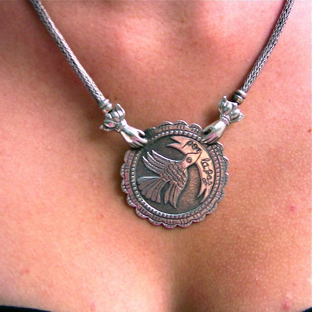 Frida Kahlo "Por La Paz" oxidized sterling silver art necklace original, free shipping, gift wrap.