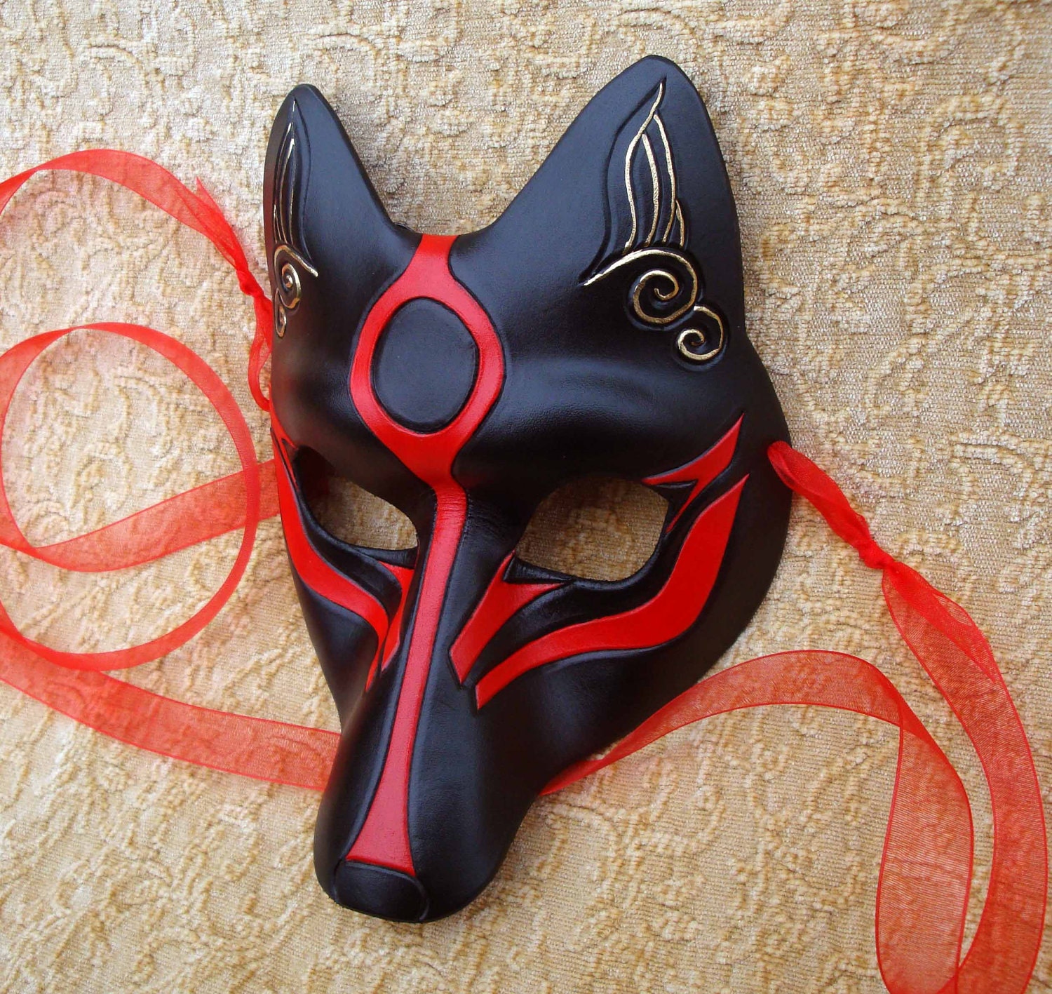 Black Okami Kitsune Mask Japanese Fox Leather Mask By Merimask