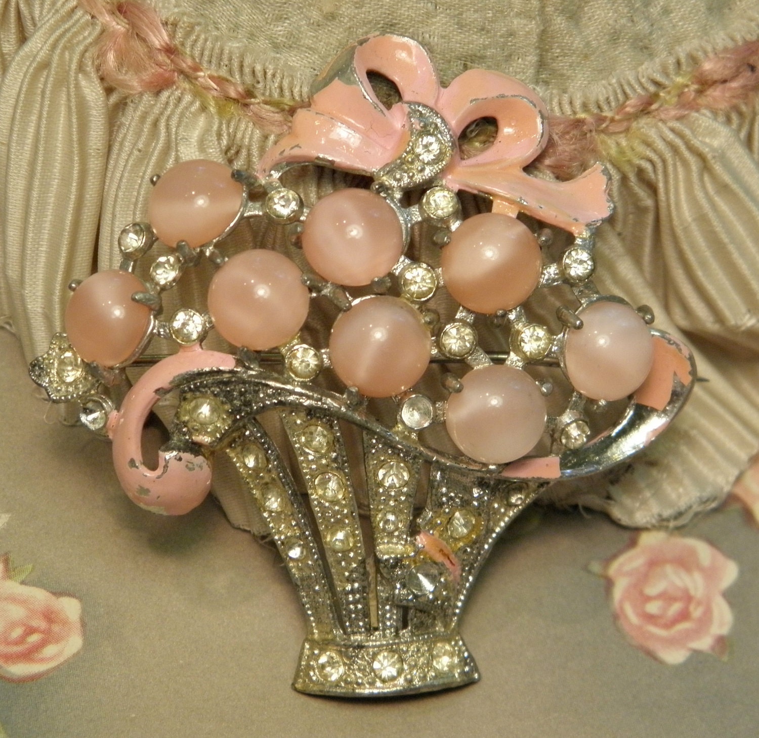 Vintage Flower Basket Pin Pot Metal Rhinestone