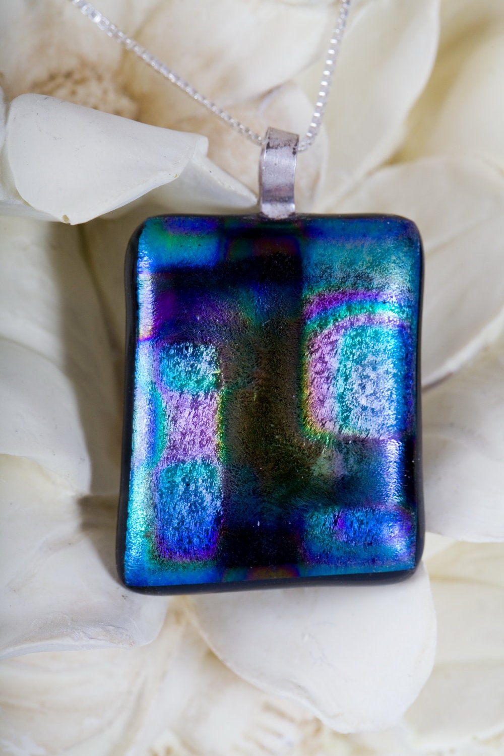 Magenta, Teal, Black & Blue Boxes Dichroic Glass Pendant