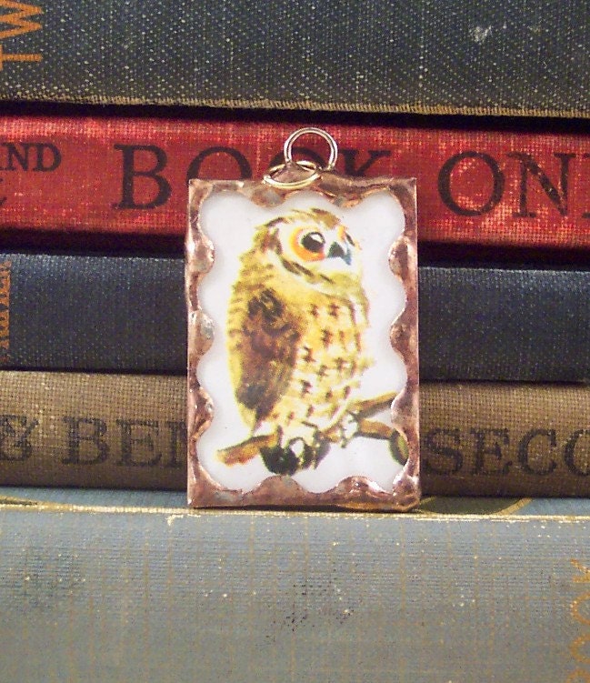 Soldered Glass Pendant Owl with Copper Patina