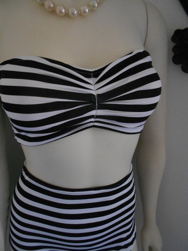 Black and White Stripe Retro High waisted Bandeau Bikini Made to order