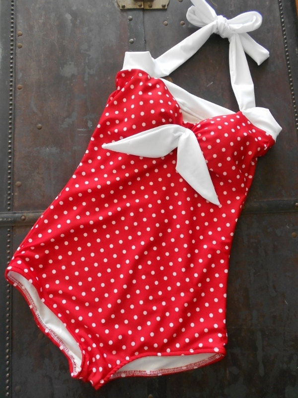 The Bella .. Red and White Polka dot one piece Maillot Swimsuit Made to order