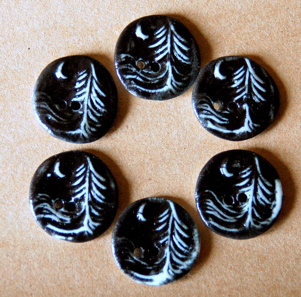 6 Handmade Porcelain Buttons - Small Moon over Cedar Buttons