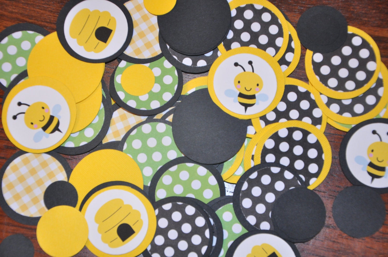 Bumble Bee Confetti. Minis. Dots. Handmade Confetti. 125 pieces. black. yellow. green. polka dots. bee. hive.