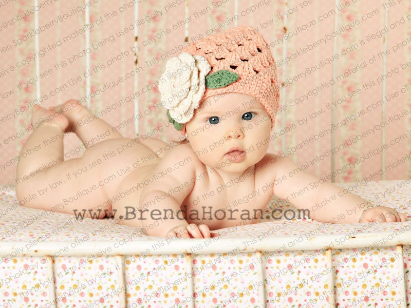 Beanie Hat Crocheted "The Miranda"  Tearose Ecru Sage Cute Soft Peach Tones Baby Custom Color