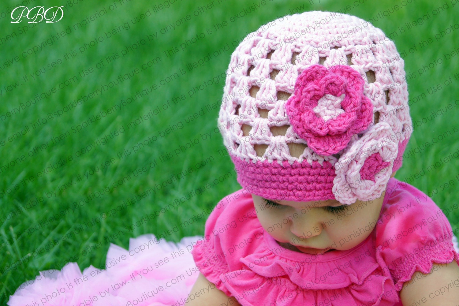 Beanie Hat Crocheted "The Natalyia" Pastel Pink Hot Pink Dressy Casual Hat Summer Trim Flower Bright Vibrant