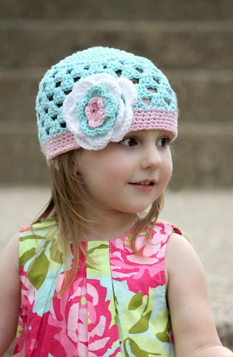 Crocheted Beanie "The Madison Rose" Robin's Egg Blue, Pastel Pink, White, Flower Open Weave Custom Colors