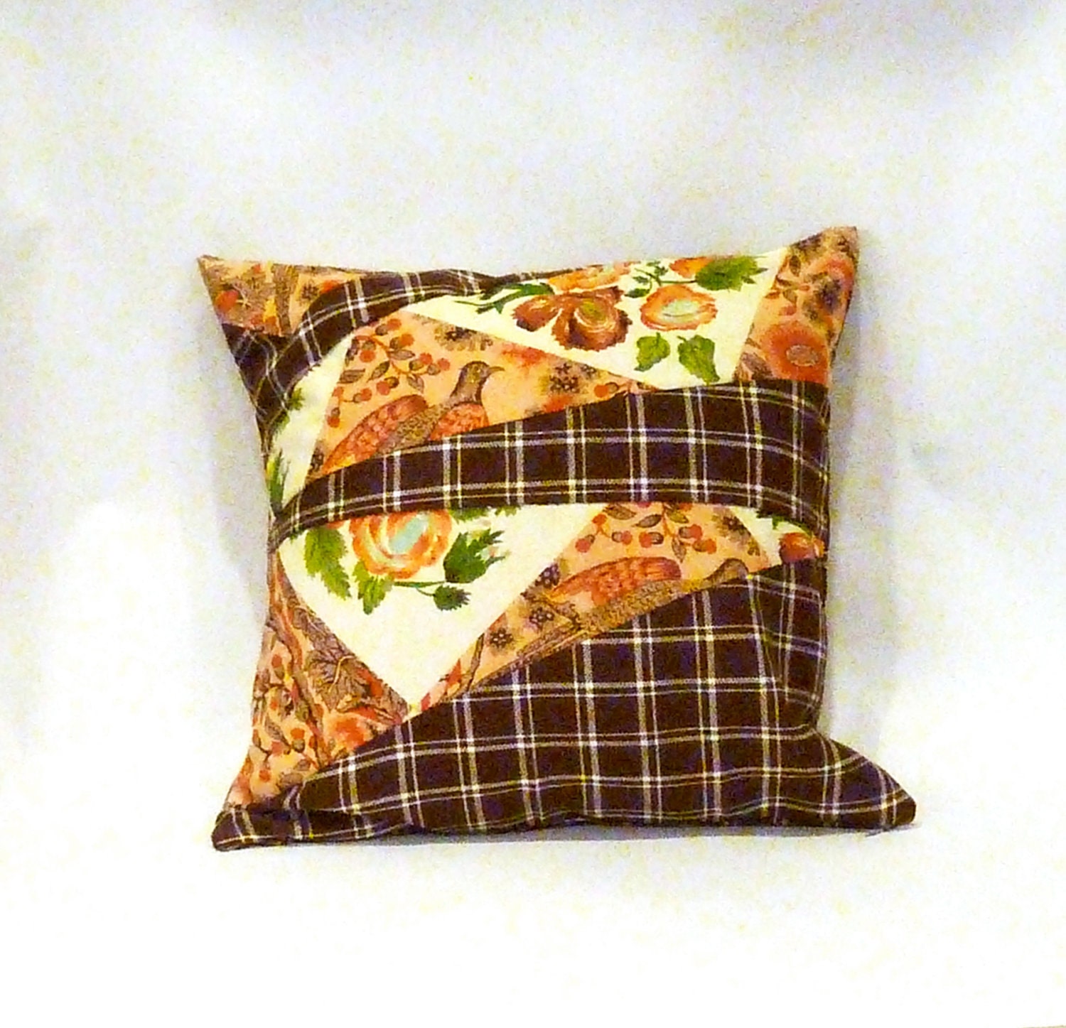 Birdie Floral and Plaid Boho Patchwork Pillow