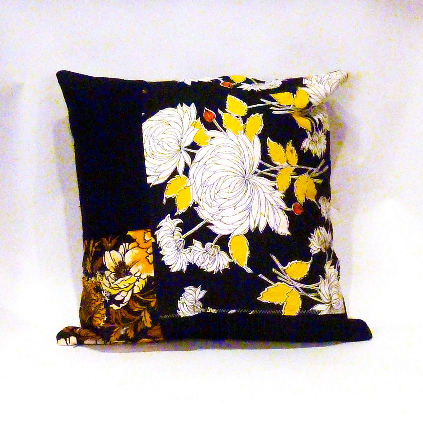 Black Floral Boho Patchwork Pillow