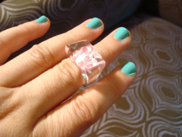 Vintage Clear Lucite Ring with Pink Flowers